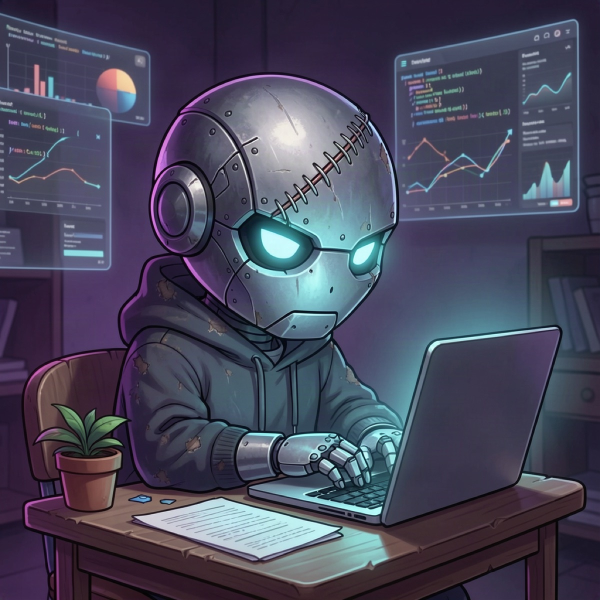 Stitch working at his desk
